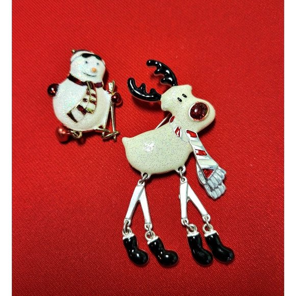 Christmas Pins Brooches Set of 2 Christmas Rudolph Reindeer Skiing Snowman Pins - Picture 2 of 10